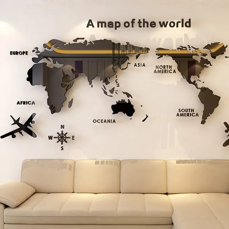 Custom Digital Printing Decal Acrylic Waterproof Large Removable 3D Wall Sticker Map For Home Office Decoration