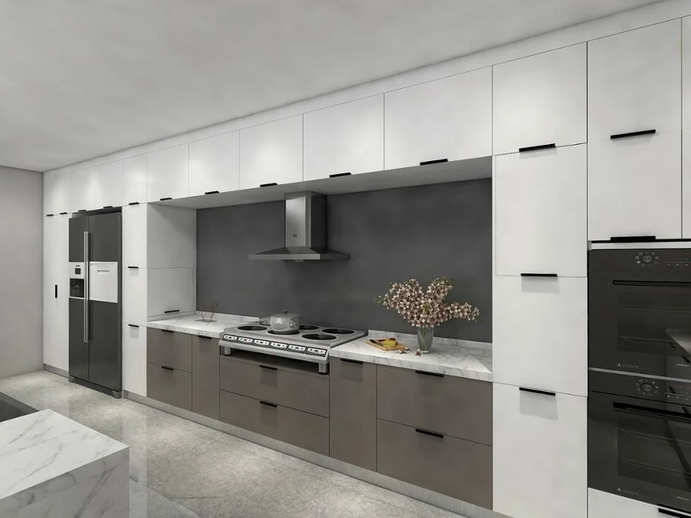 White And Grey Acrylic Kitchen With Two Tone Edge Banding Acrylic Kitchen Cabinet Door And Soft Closing Hinge & Slider