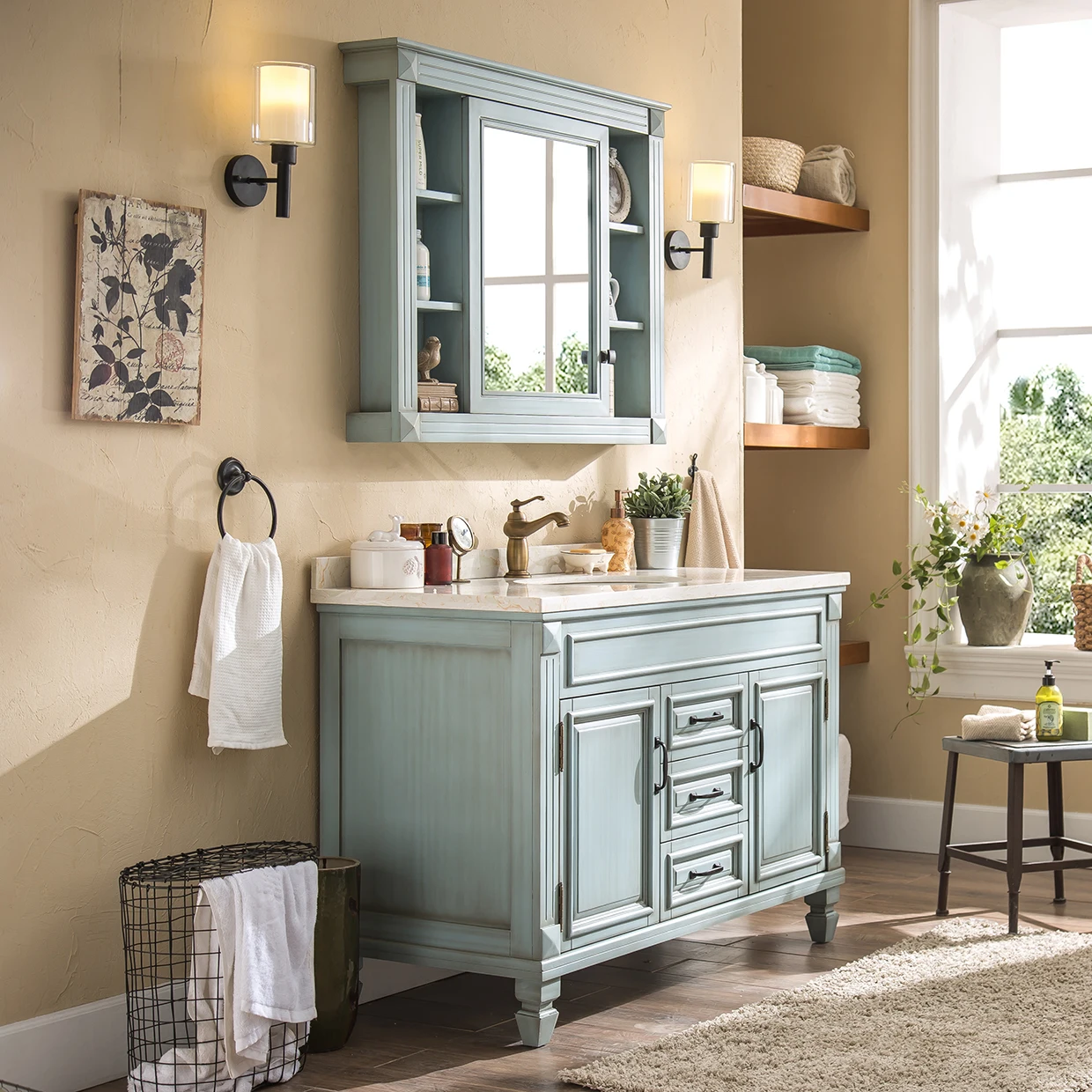 Floating Vanity Modern American Style Oak Wood Floor Standing Bathroom Vanity Furniture Sets Bathroom Cabinet With Mirror