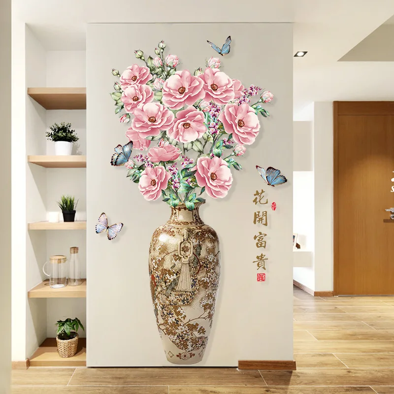 wholesale living room removable 3d vase flower sticker wall decor