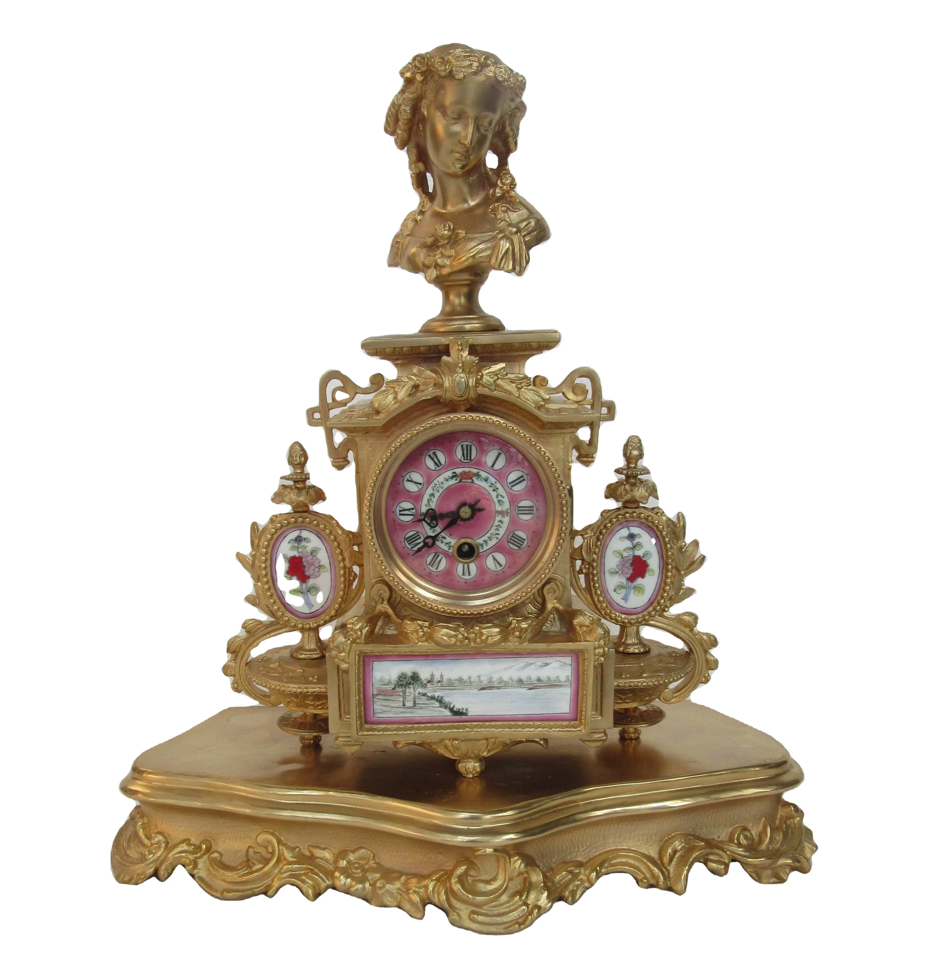 (24K Gilt) Antique Imitated French Cast Brass Figure Statue a Girl Head on the Mechanical Vintage Boulle Table Clock