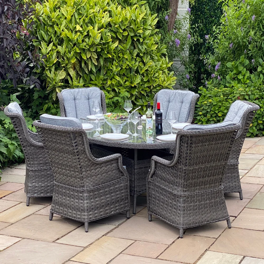 Brand New Dark Gray Plastic garden dining chair set with umbrella hole