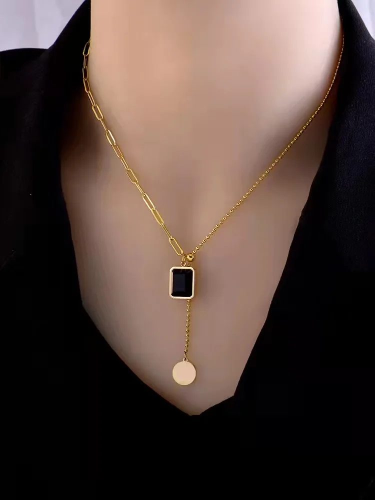 Fashion Jewelry for Women 18k Gold Plated Stainless Steel Chain Necklace Adjustable Rectangle Emerald Diamond Pendant Necklace