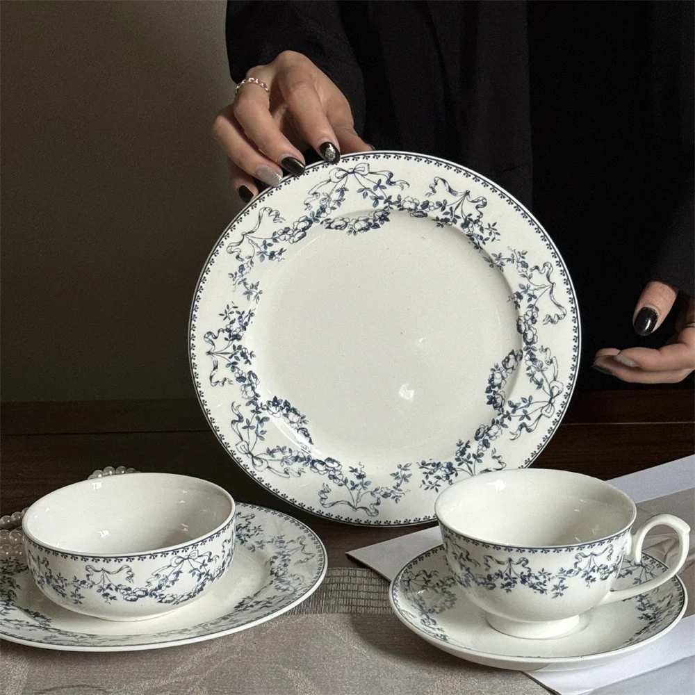 Vintage French Blue Flower Medieval Ceramic Dinnerware Set Porcelain Bowls Dinner Plates Dishes Tea Cups Tableware Sets
