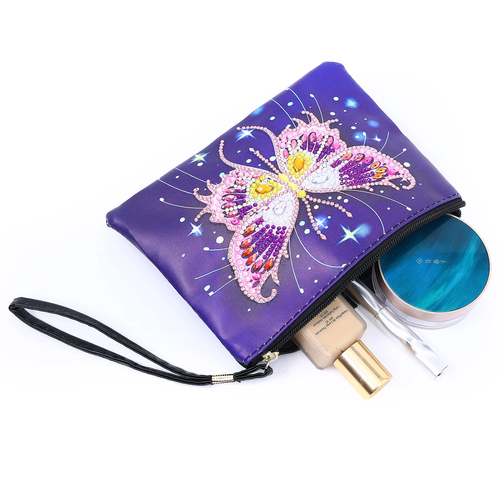 purple butterfly girls hobby diy gift   crystal beads painted storage bag
