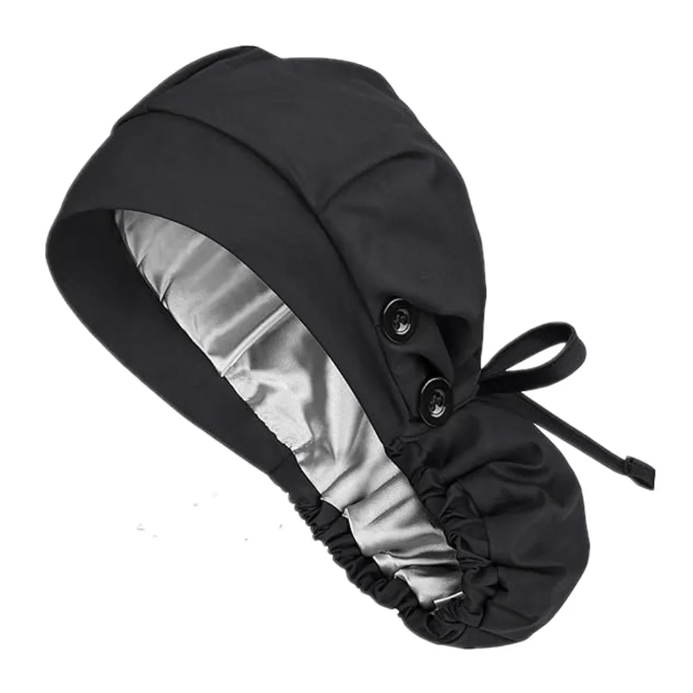 Ponytail Satin Lined Woking Hat Bouffant Scrub Cap with 4 Buttons and Sweatband Adjustable