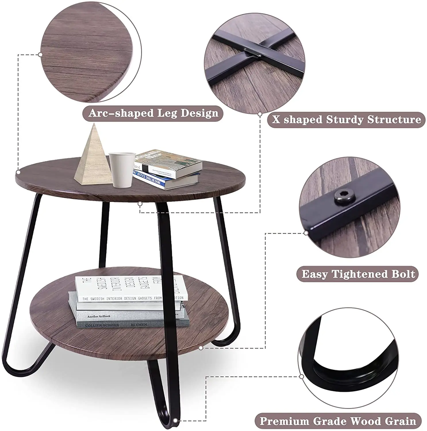 Small Round Coffee Table 2 Tiers Side  Rack Wood Table  for Living Room/Bed Room/Kitchen Room, Metal Frame Brown 18inches