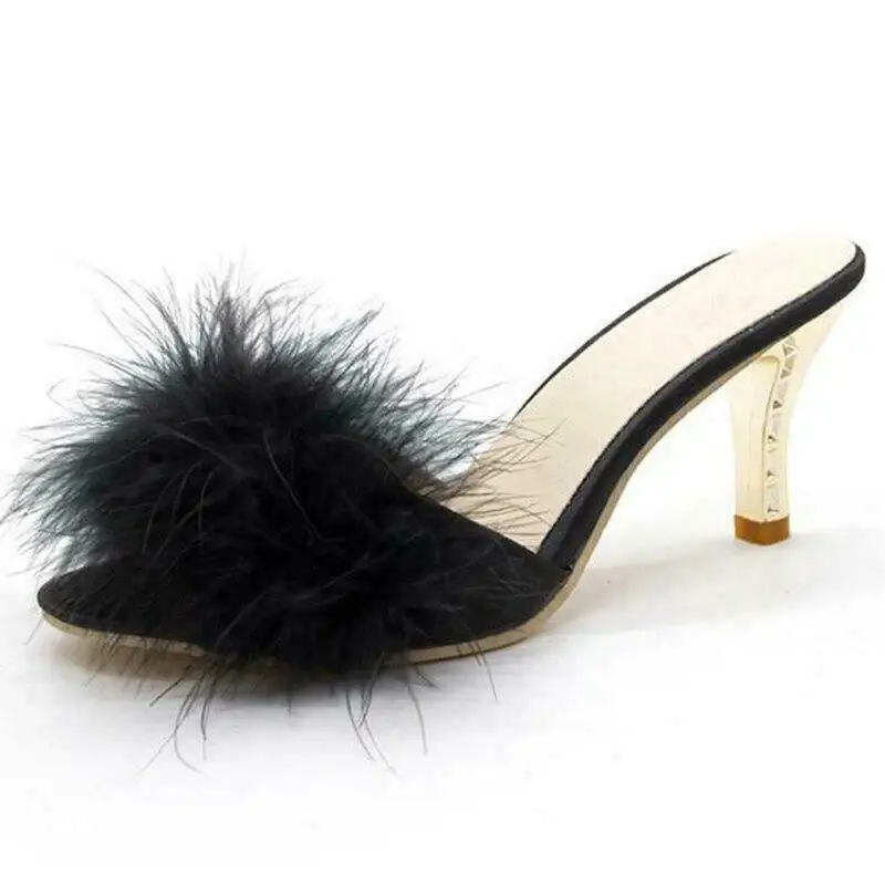 Womens Fluffy fur slides wedges heel boots high heel slippers Fashion Open Toe Mules Shoes Pumps Fur Heels for womenwith fur