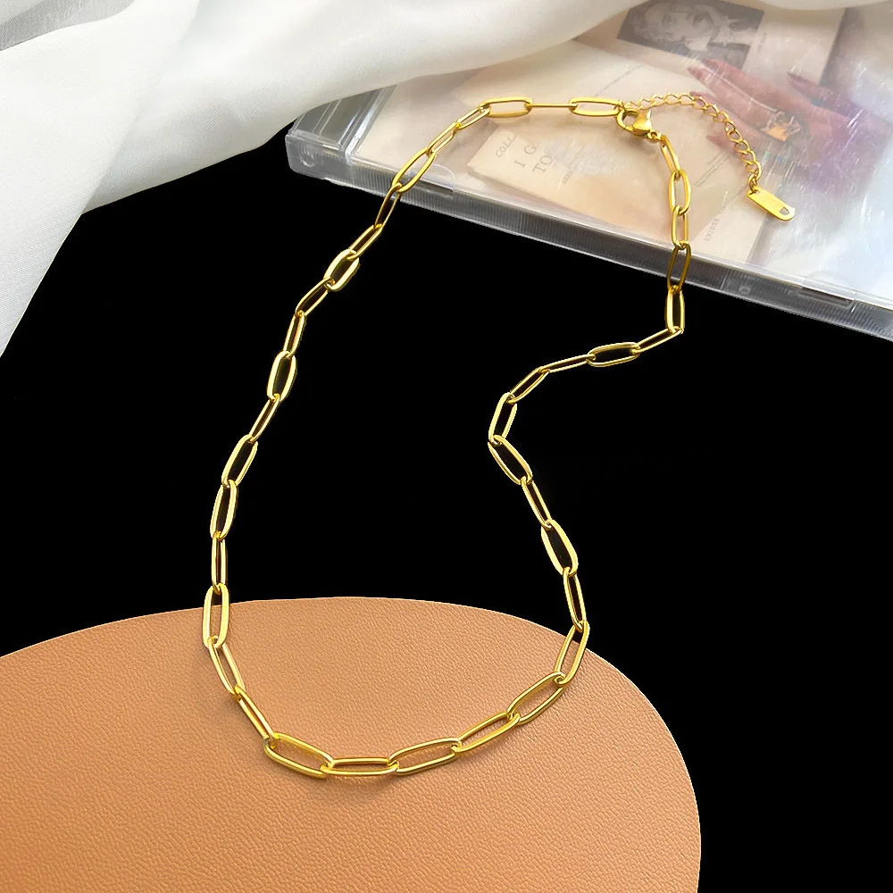 16 Inch Vintage Titanium Steel Gold Plated Rectangle Link Chain Necklace Paper Clip Chain For Jewelry Making Necklace