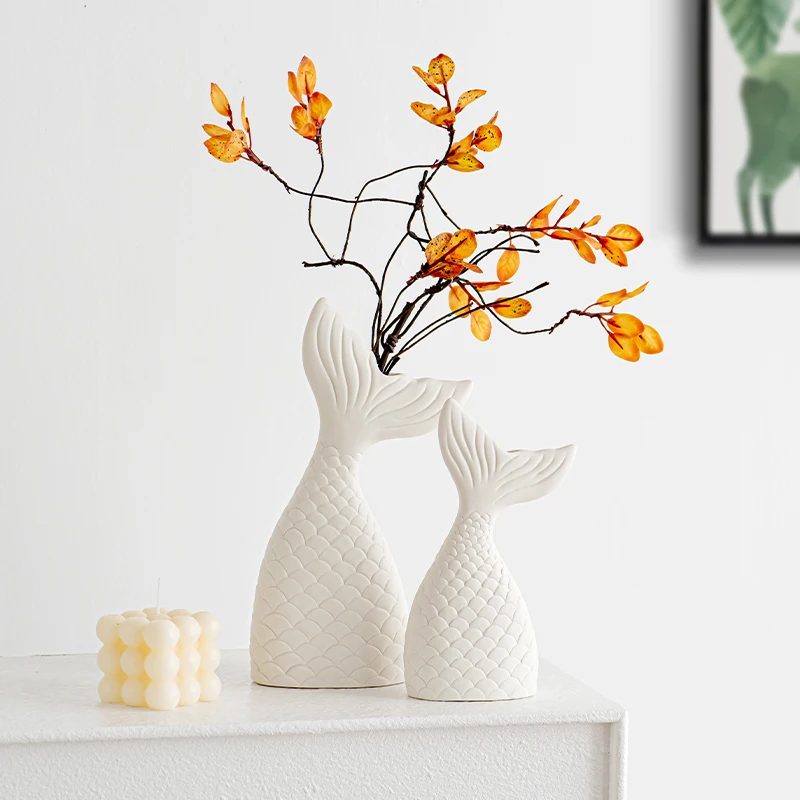 Set of 2 Matte Frosted black white pink Mermaids ceramic vase home decor artificial dried flower arrangement decoration