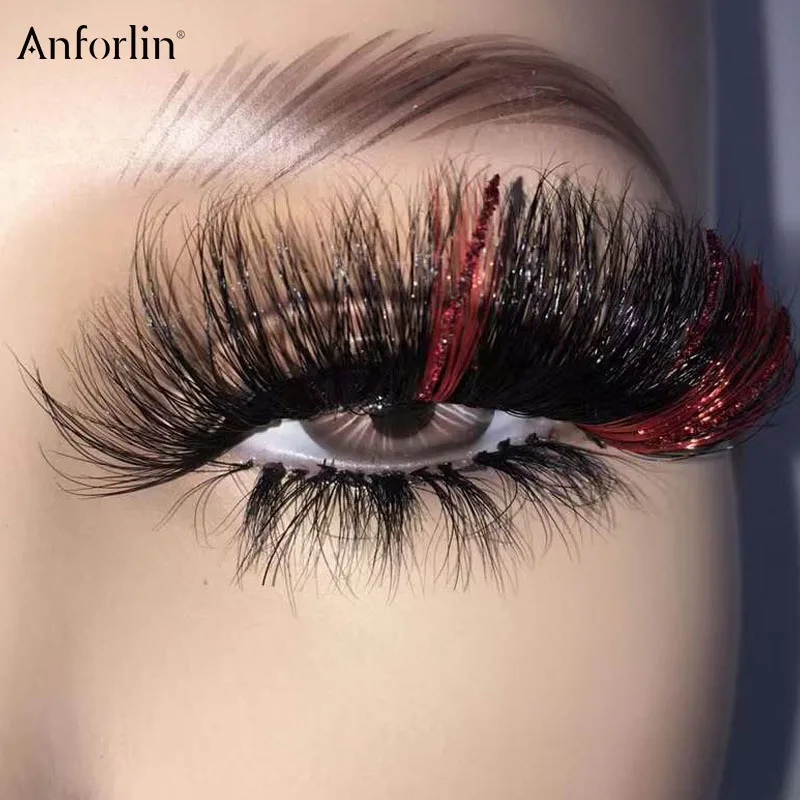 Anforlin fluffy lashes 25mm wholesale colored eyelashes red glitter faux mink Russian d curl lash strip with color