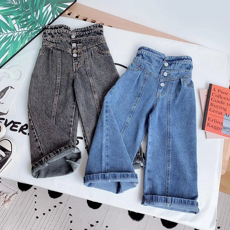 2021 AliExpress Новинка; Сезон весна-осень; Детские джинсовые брюки для малышей Детские широкие брюки для девочек детские штаны с высокой талией, джинсы для девочек