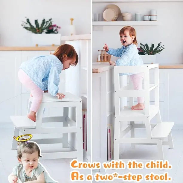 Wooden Montessori Kids Kitchen Step Stool For Kids With Safety Rail Solid Wood Construction Toddler Learning Stool Tower