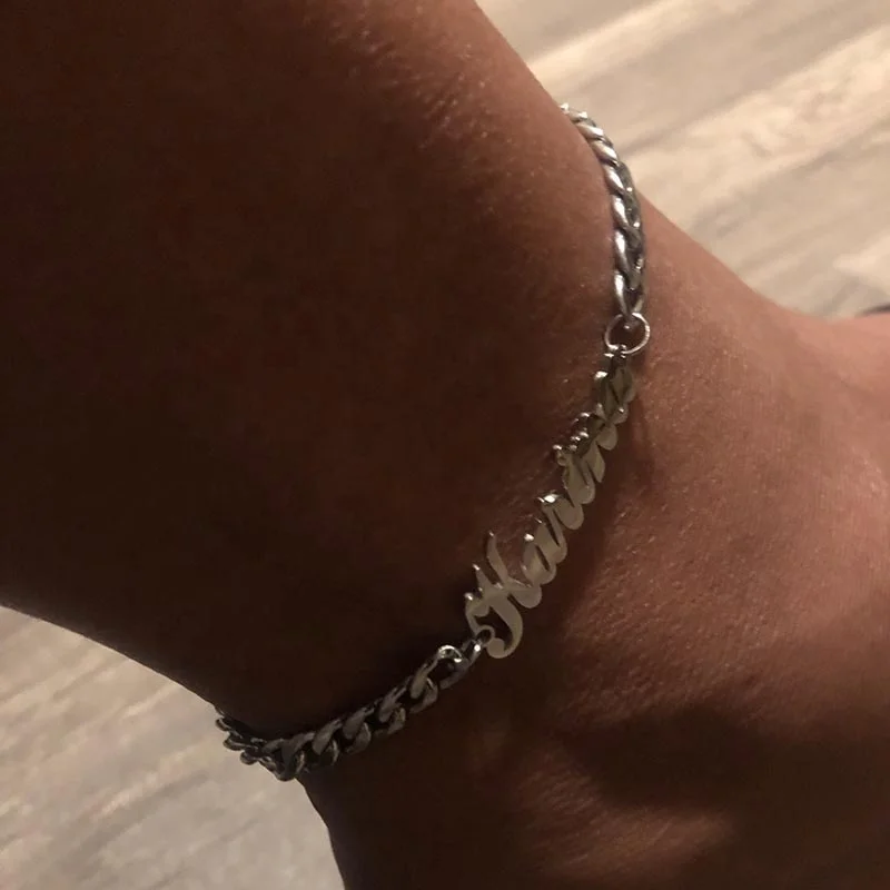 Stainless Steel Cuban Chain Custom Name Anklet Initial Charms Bracelet Personalized Nameplate Ankle Jewelry