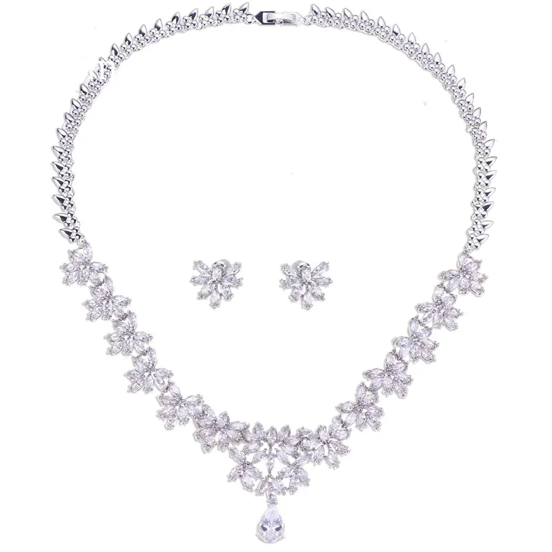 Новая европейская мода циркон серьги-подвески с цветочным украшением из чистого ожерелье набор Выходные туфли на выпускной для женщин свадебный комплект ювелирных изделий