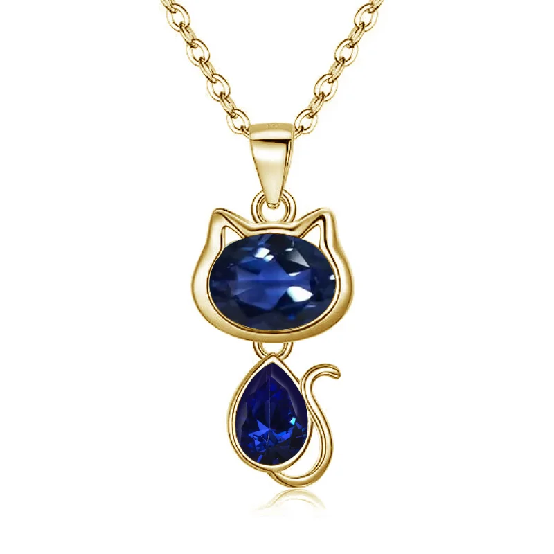 2024 Hot Sale Mimi Love Cat Pendent Oval Pear Cut Moissanite Lab ruby sapphire emerald 10K Yellow Gold Necklace