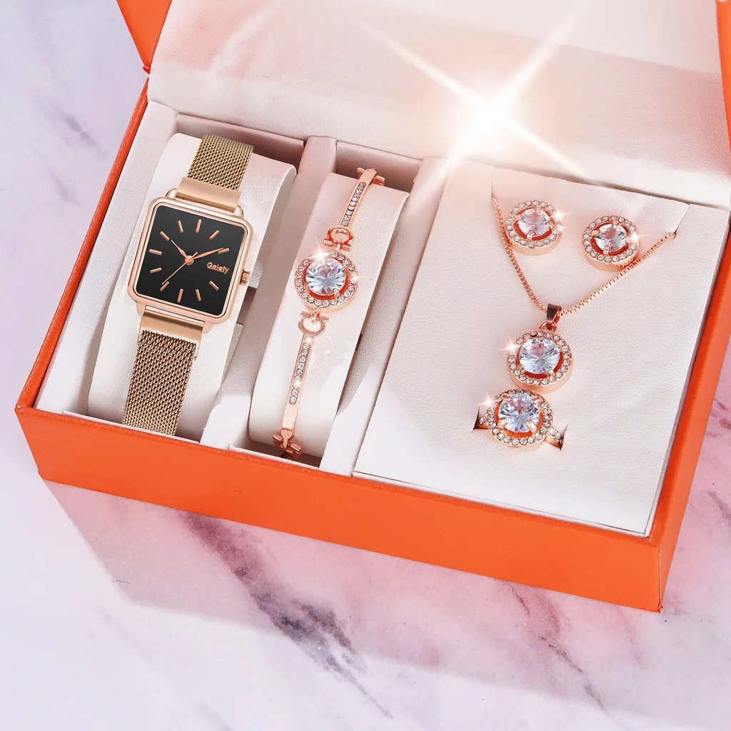 Magnetic Buckle Quartz Watch Diamond jewelry Lady Watch Set 5 Piece Bracelet Necklace Earrings Ring Watch Set For Women Gift Set