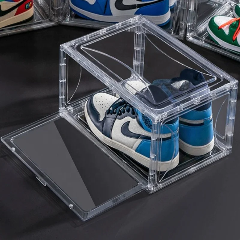 Ama Hot Selling Fashion Acrylic Plastic Magnetic Side Opening Stackable Folding Transparent Display Shoe Storage Box