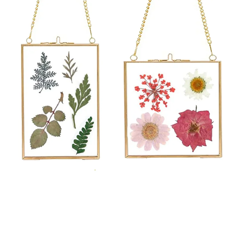 Glass crafts for DIY Pressed Flowers Art Brass Hanging Photo Picture Frame with Chain