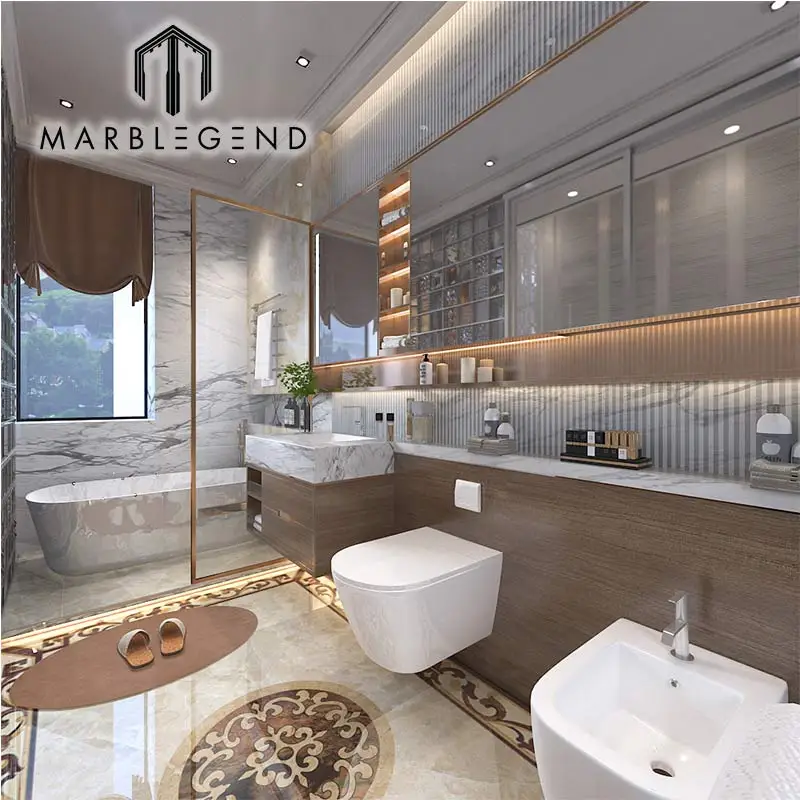 Modern bathroom 3d white beige marble stone rendering design for villa
