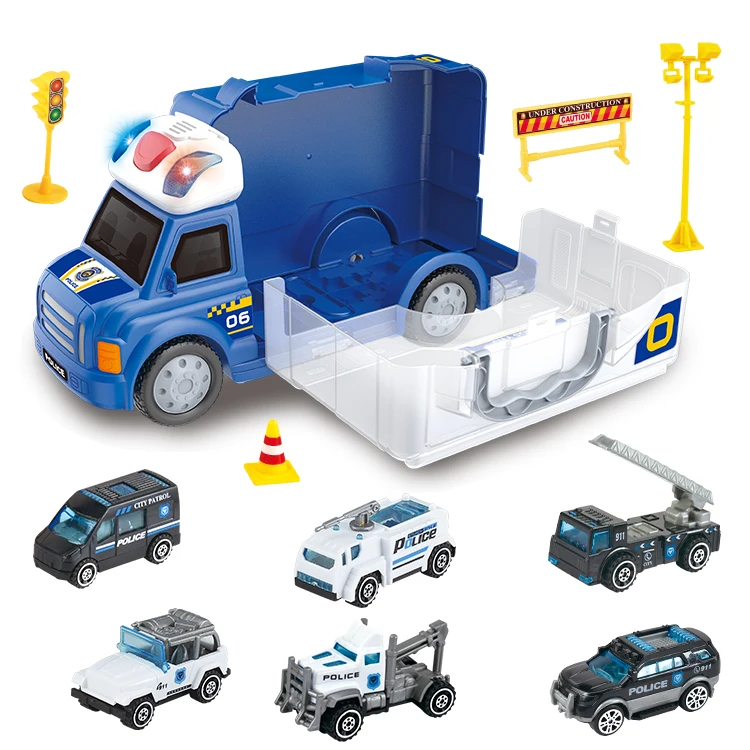 2021 new design  Interesting boys B/O crashing stunt police car toy with 6 trailer set car toys