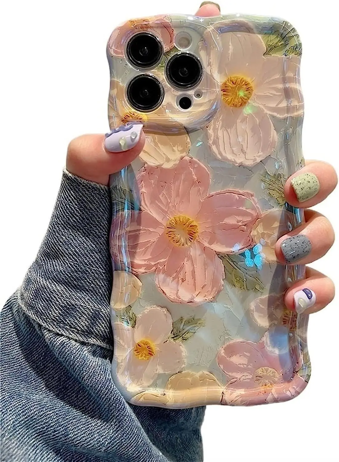Colorful Retro Oil Painting Flower Laser Beam For iPhone15 Pro Max 14 13 12 11 XS XR Frosted Camera Protect Shockproof Cover