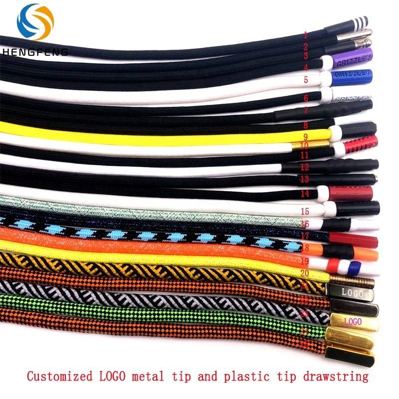 Custom polyester nylon cotton flat round drawstring with LOGO with plastic metal end