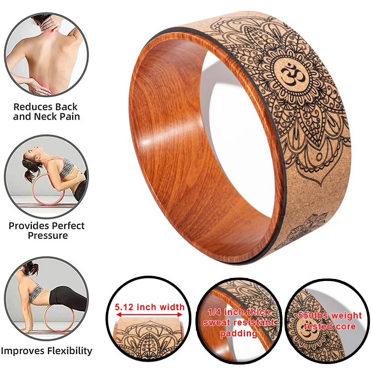 Drop Shipping 12 Inches Natural Wood ABS Frame Fitness Circle Cork Yoga Balance Stretch Wheel Exercise Roller For Back Pain