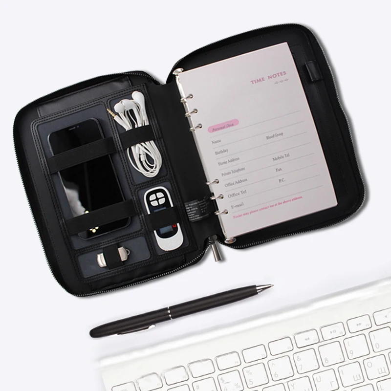 Portfolio with Powerbank Zipper Phone Stand Holder Customized Leather Notebooks 2024 New Arrival A5 PU Leather Spiral 80 Sheets