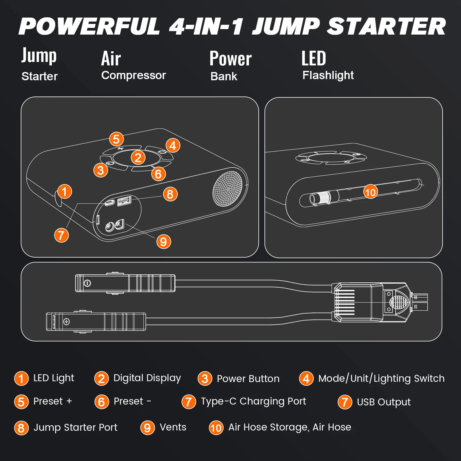 4 in one Multifunctional 12v jump starter  with air compressor  8000mAh portable car jump starter with air compressor