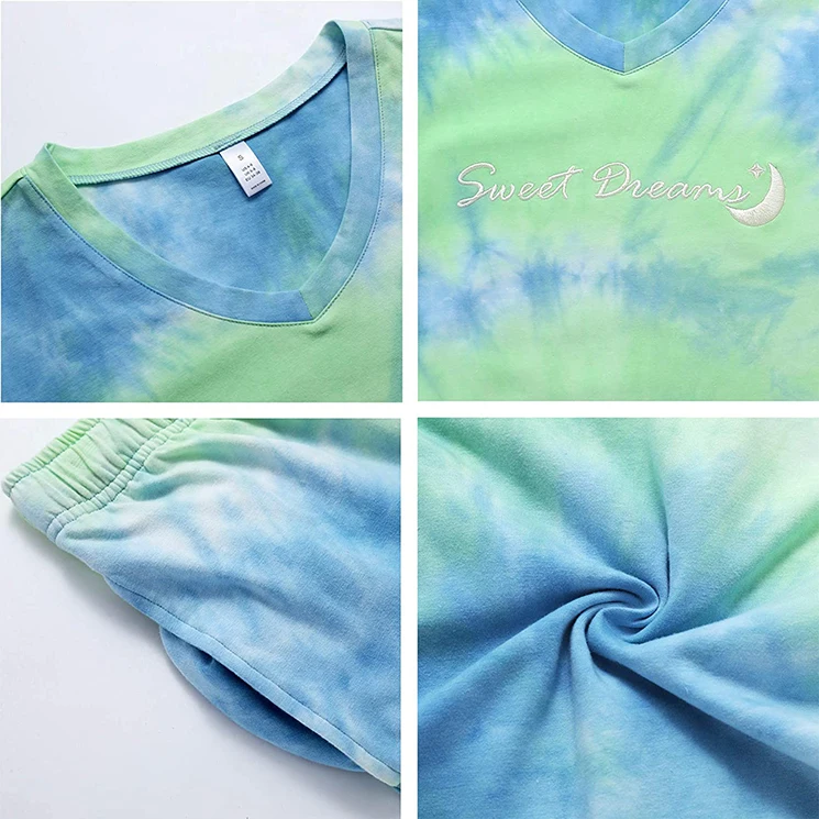 
2021 Soft Leisure tie dye colors two piece v neck short set pajama for Women 