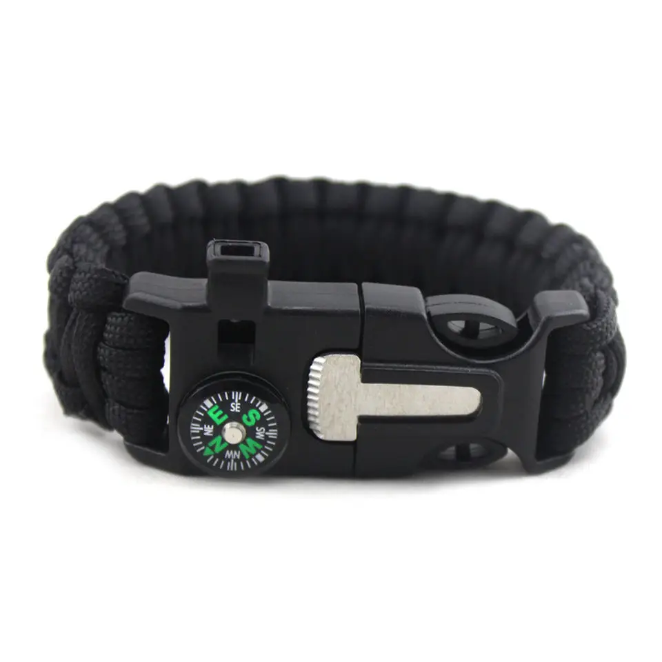 Paracord Rope Whistle Compass, Scraper Fire Starter Multifunction Outside Buckle Bangle Bracelet
