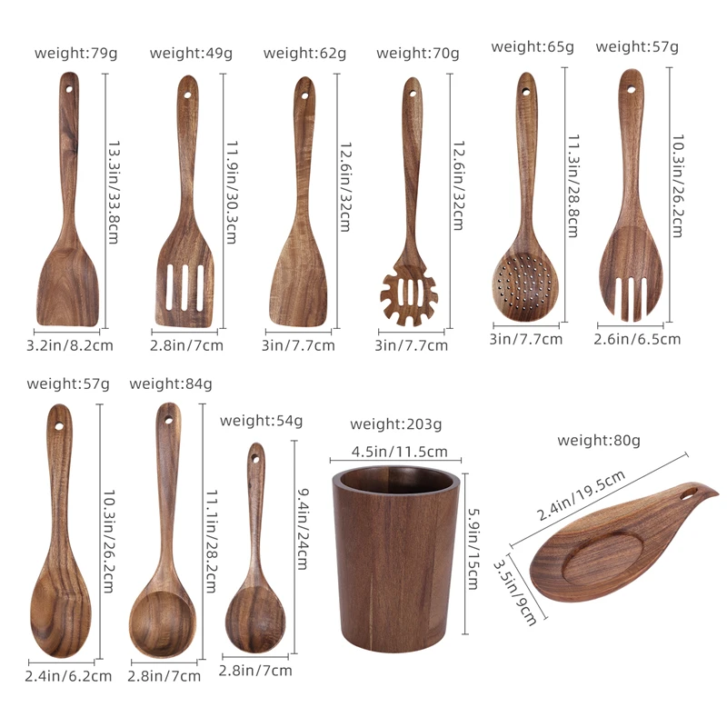 Manjia Wooden Spoons for Cooking Natural Wood Kitchen Utensils Set Spatulas Strainer Serving Spoon Salad Spoon Soup Ladle