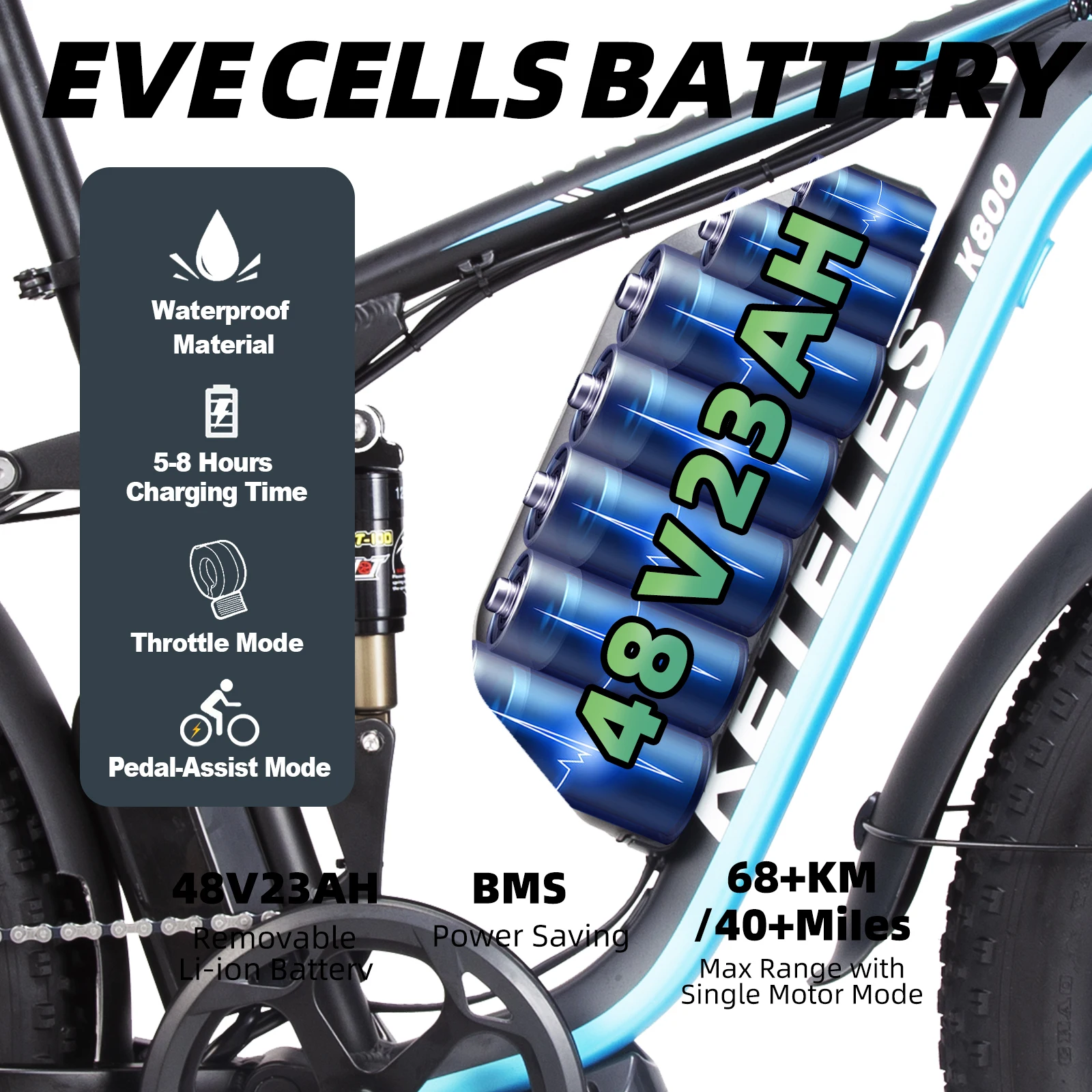 US Warehouse Keteles K800 PRO 26in Fat Tire E-Bike 2000W 23AH Battery Electric Bicycle Full Suspension Electric Bike