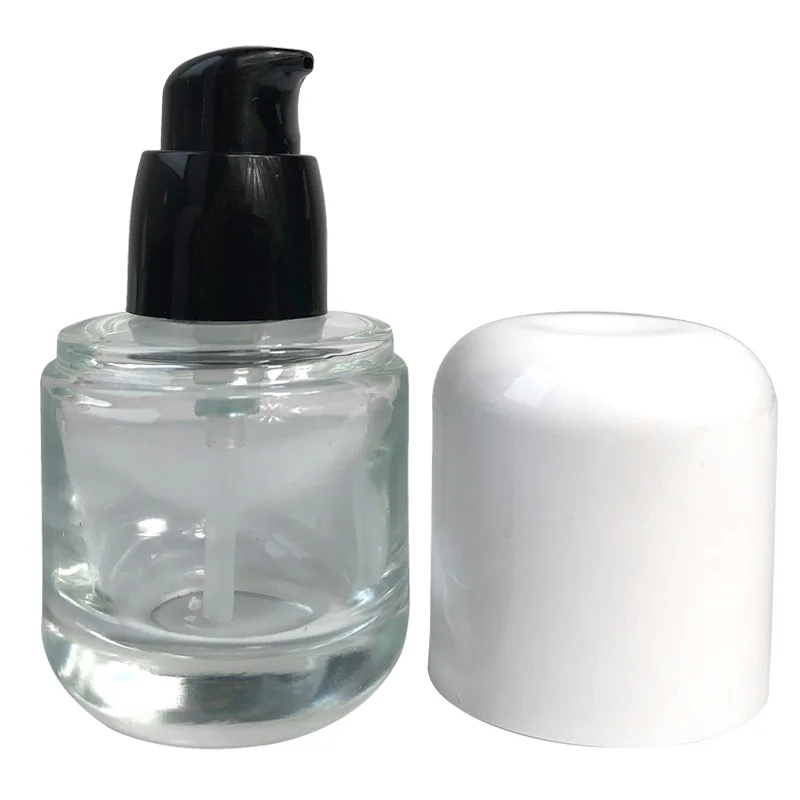 Wholesale 30ml White Black Cap Empty Pump Cosmetic Glass Capsule Clear Lotion Bottle