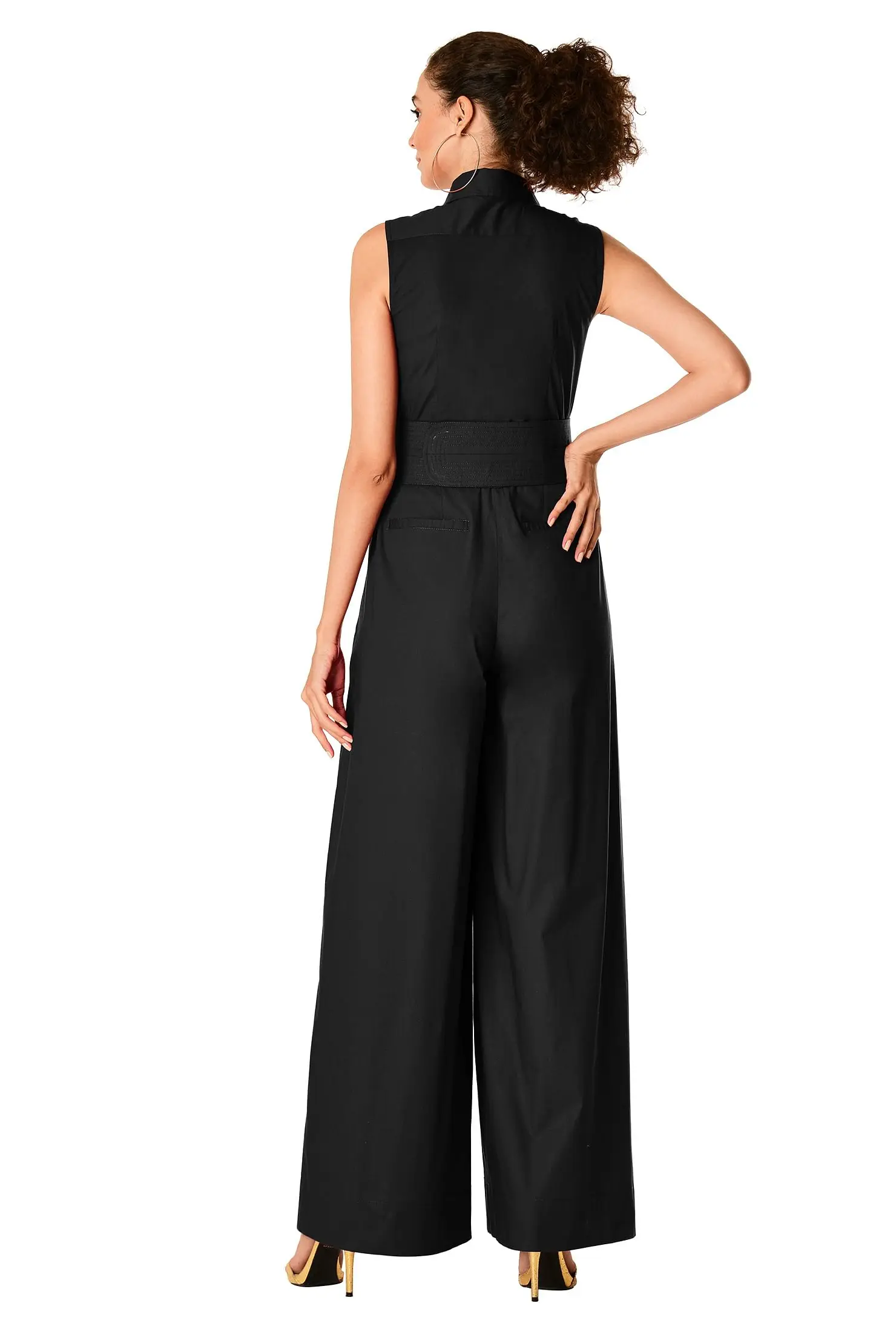 Office Ladies Design Solid Cotton Poplin Sleeveless Obi Belt Wide-legs bodycon Shirt Jumpsuit