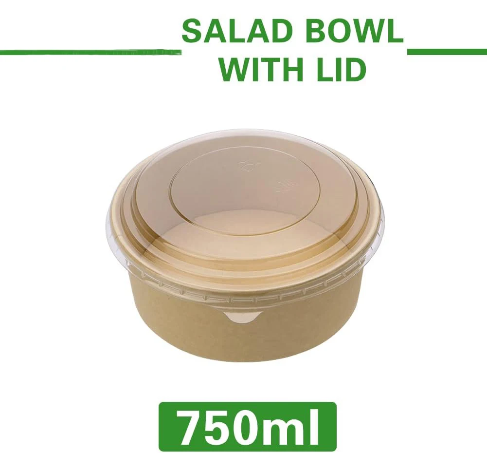 Take Away Paper Container Salad Bowls Disposable Kraft Paper Round Salad Bowl with PET Lids 750ml Craft Paper Food Snack Cup