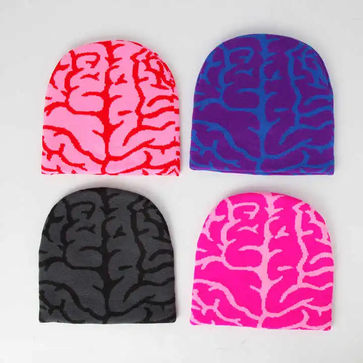 Hats Cotton Knit Design with Puff Printing Low MOQ Plaid and Letter Patterns Cap Knitted Hat in Many Colors and Designs