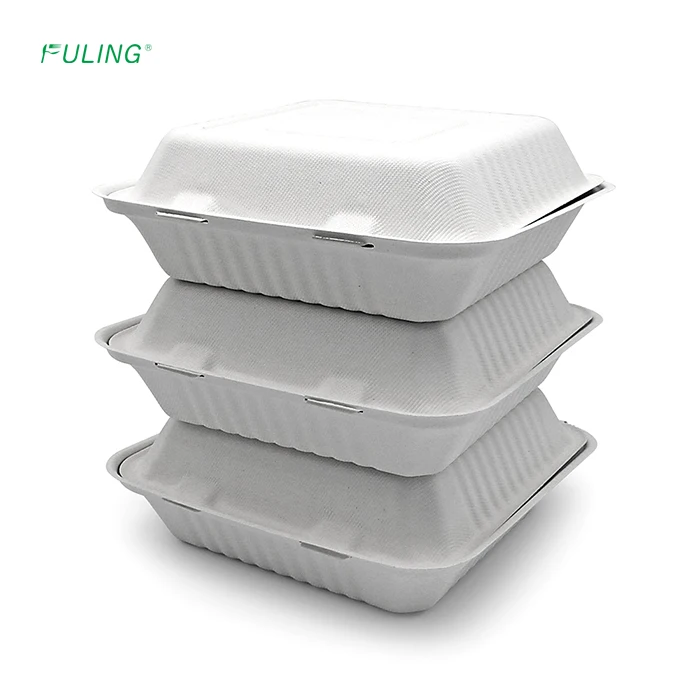 FULING Disposable Bagasse Eco-Friendly Biodegradable Take Out Food Containers Sugarcane Clamshell To Go Lunch Box