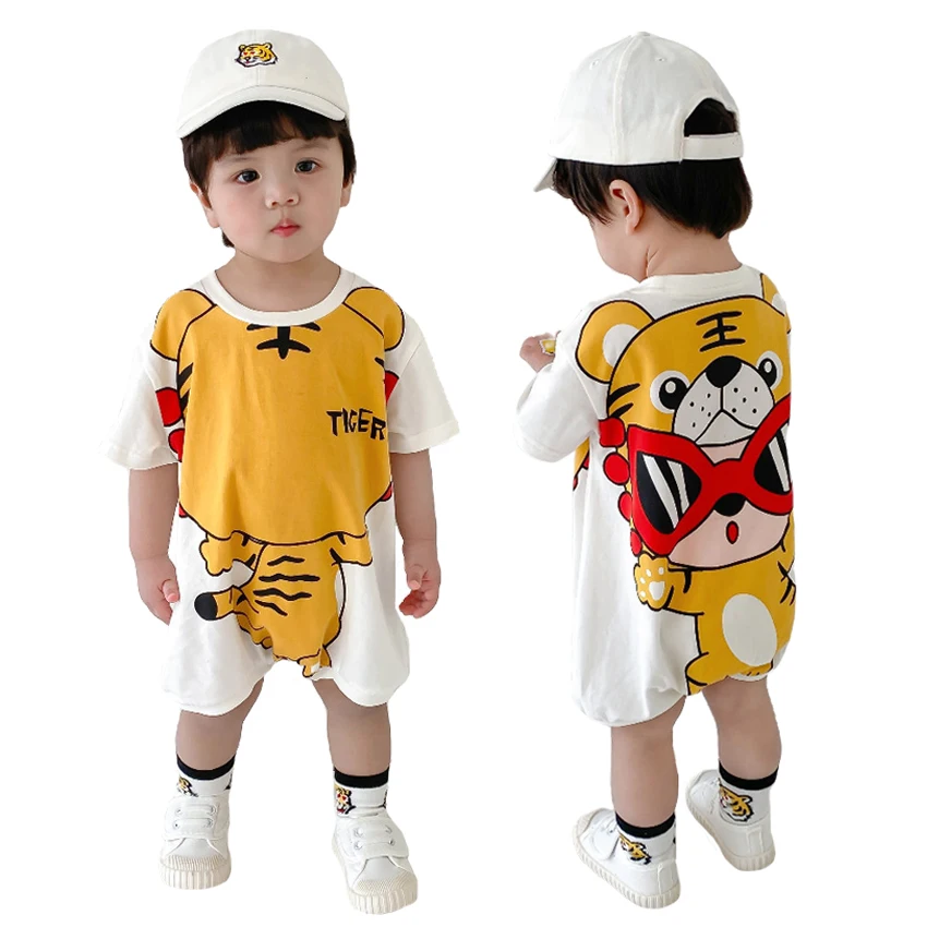 Summer Baby Cotton Clothes Short Sleeve Rompers Tiger Print Snap Button Toddler Bodysuit