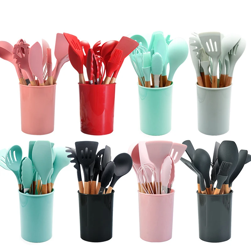 Hot Sale Custom 12 Pieces Silicone Kitchen Set Accessories Cooking Tools Kitchen Spatula Utensils Sets With Wooden Handle