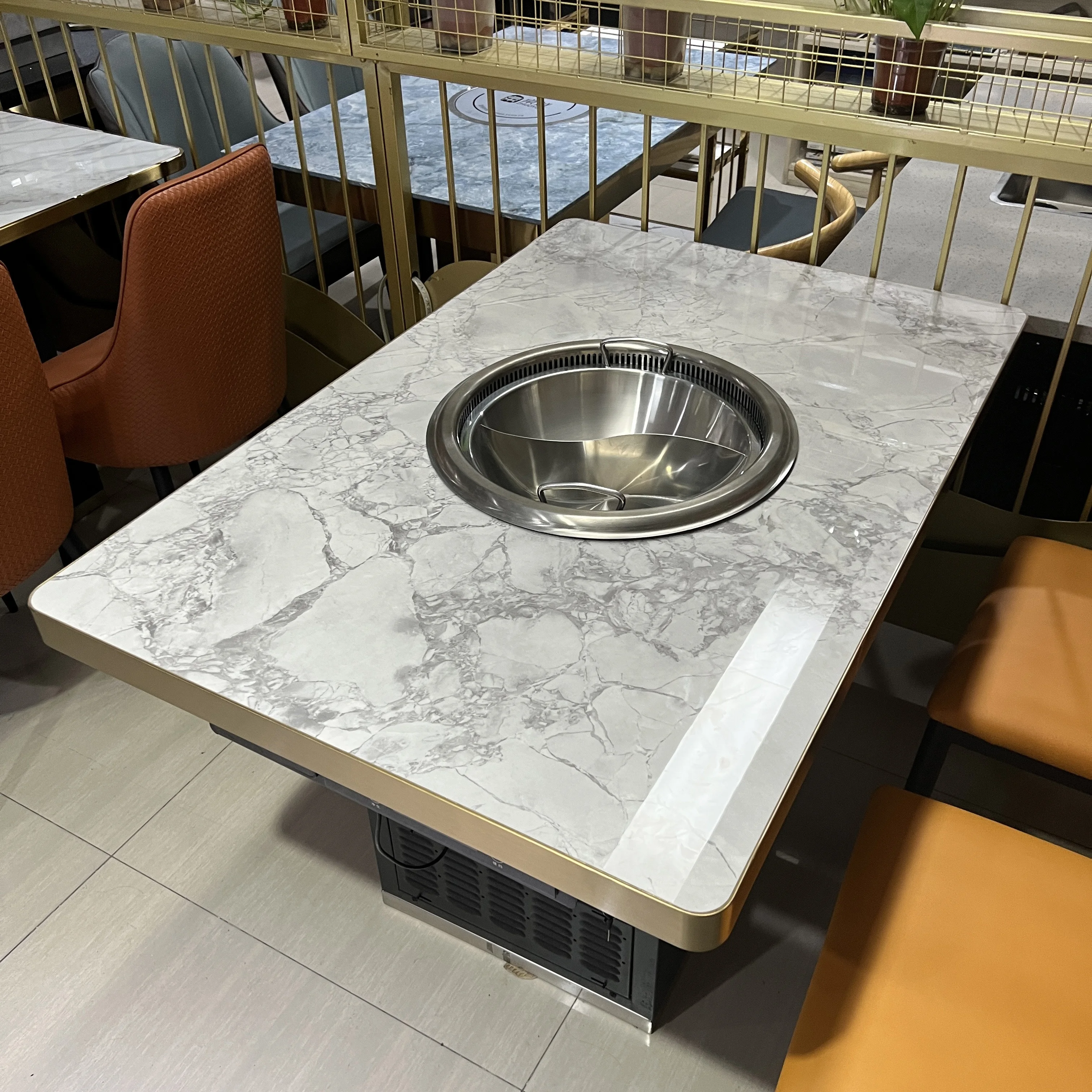 Zhuoyue P6 Smokeless Korean wholesale Built-in Hidden hot plat table smokefree grilled shabu integrated table Steamboat Table