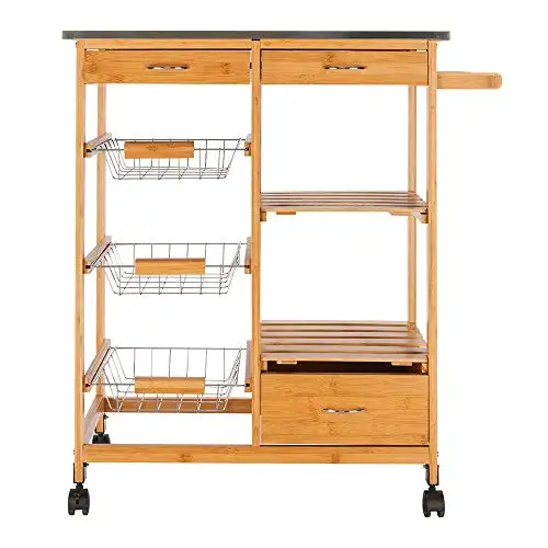 
natural bamboo wood kitchen island trolley cart with 4 wheels 