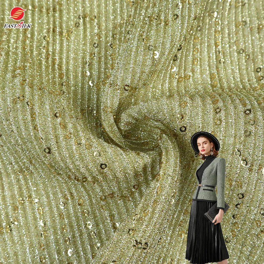 Wholesale textiles material luxury sequin polyester pleating  tulle glitter pleated christmas fabrics for clothing  dresses