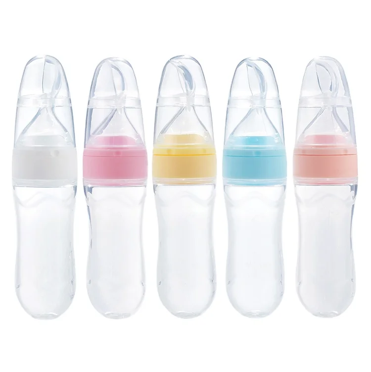 Soft Tip Dust-proof Leakage-proof Feeding Pureed Food 90ml 3 oz Baby Silicone Bottle Squeeze Feeder with Spoon