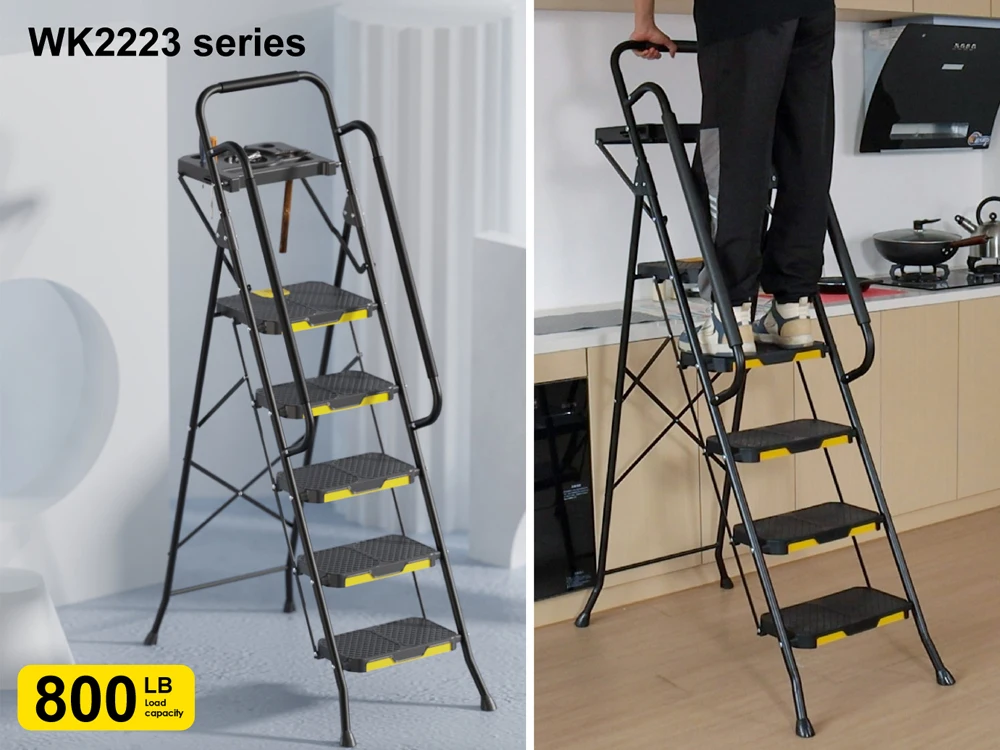 New design 800LB american Market Extra Wide heavy duty Round-Tubed Steel Ladder with Durable Plastic Step