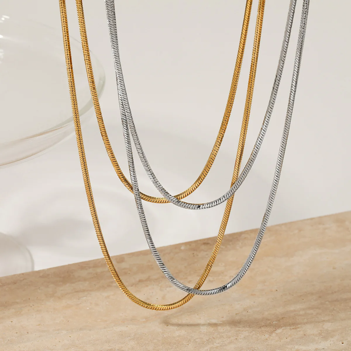 Italy Gold Plated S Steel Herringbone Chain Necklaces Fine Jewelry 1M Round Snake Chain Double Wear Choker Necklaces for Women