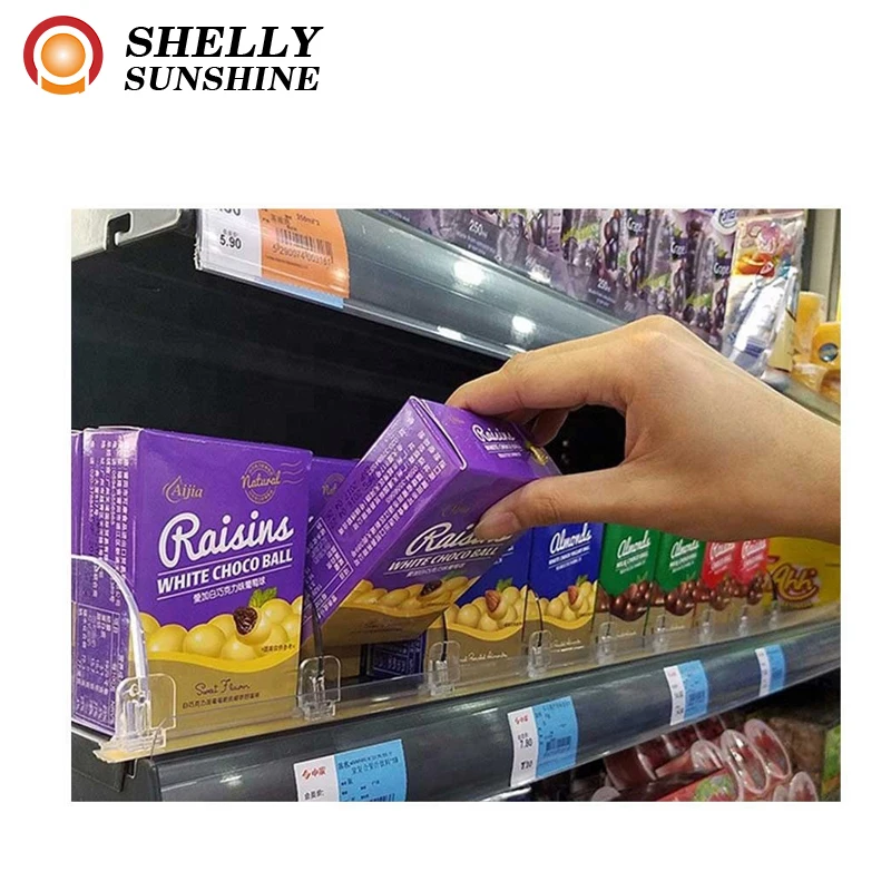 Adjustable Supermarket plastic shelf pusher system cosmetic crystal transparent spring loaded display rack trays