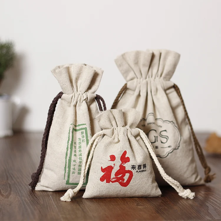 Recyclable personalized custom linen cotton shoe dust drawstring bags for shopping