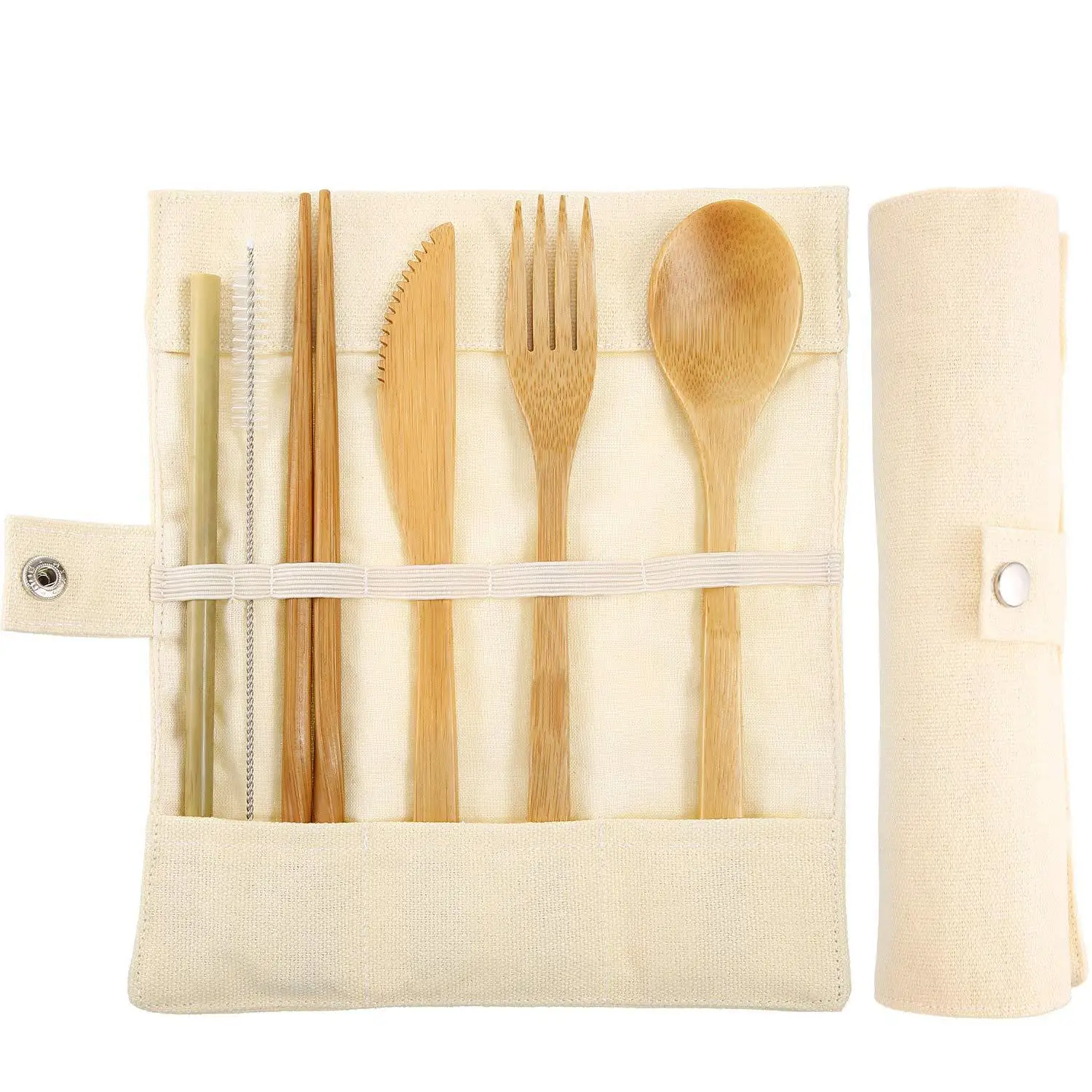 Portable Travel Eco-friendly Seven-Piece Disposable Cutlery Set Creative Bamboo Tableware with Knife Fork Spoon Canvas Children